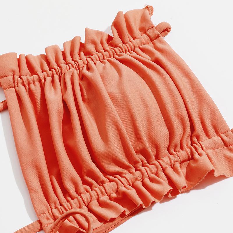 Traje de baño de tres piezas con cuello halter fruncido y lazo, liso, sin espalda 