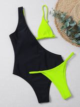 Maillot de bain 3 pièces à bretelles contrastées et irrégulières 