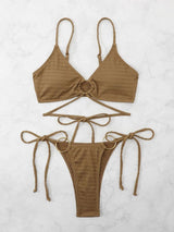Solid hollow out o ring self tie padded bikini swimwear