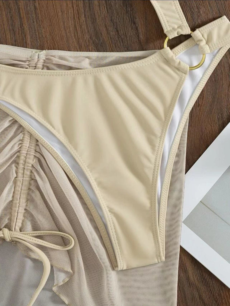 Maillot de bain 3 pièces en maille solide avec cordon de serrage et col en U 