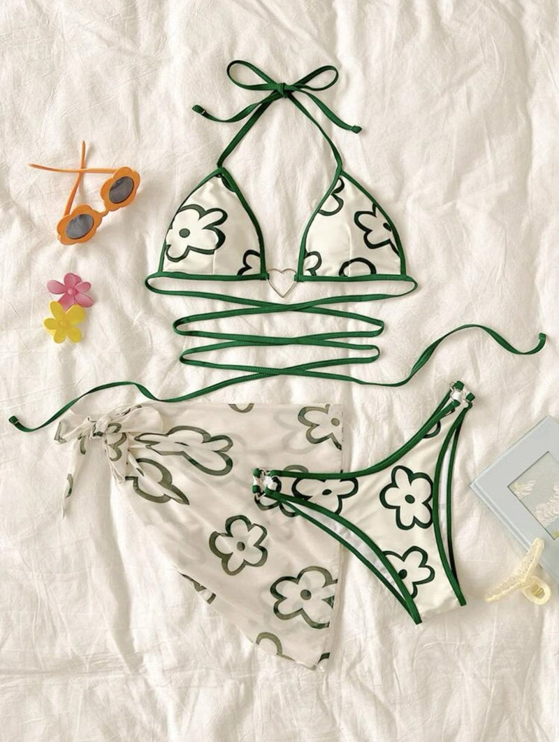 Traje de baño de 3 piezas con cuello halter, acolchado y con lazos en el cuello, estampado floral en contraste 