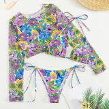 Traje de baño de 3 piezas con cuello halter, manga larga y estampado floral de malla en contraste 