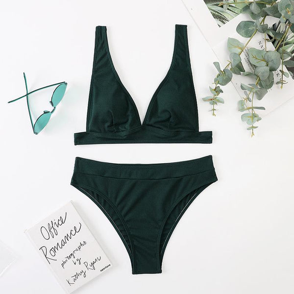 Traje de baño bikini con cuello en V sólido, acolchado y sin espalda 