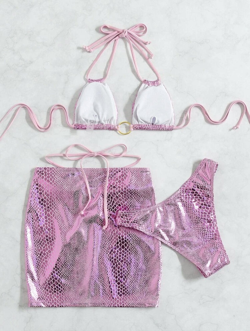 Snakeskin metallic halter o ring self tie mini skirt 3 piece swimwear