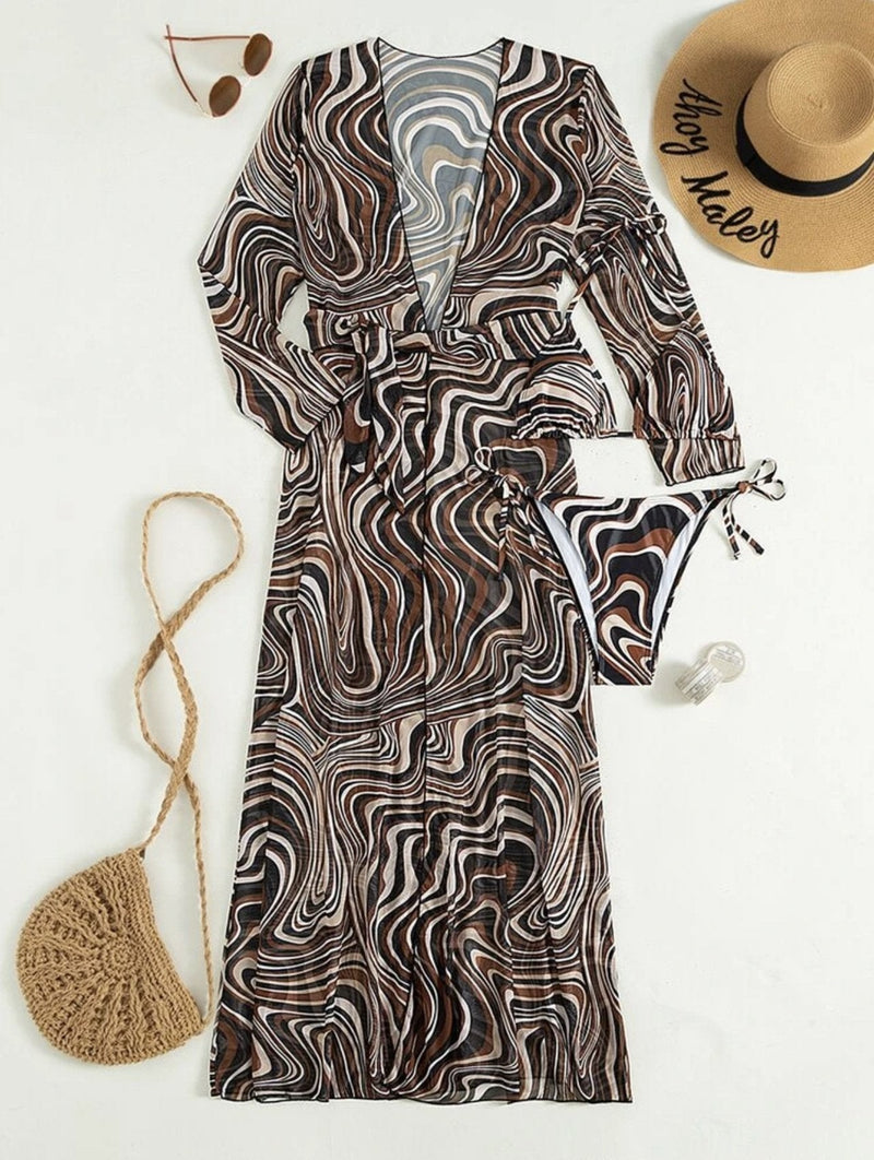 Maillot de bain 3 pièces à manches longues et col licou en maille à imprimé contrasté ondulé 
