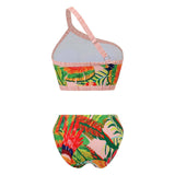 Traje de baño bikini de contraste sin espalda con estampado de hojas de un solo hombro 