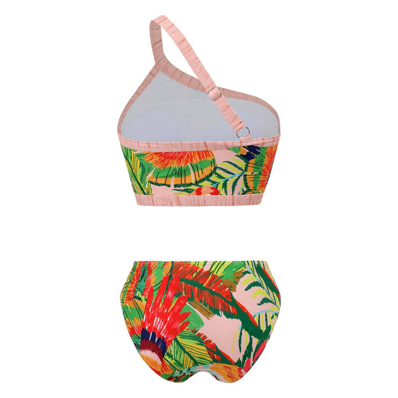 Traje de baño bikini de contraste sin espalda con estampado de hojas de un solo hombro 