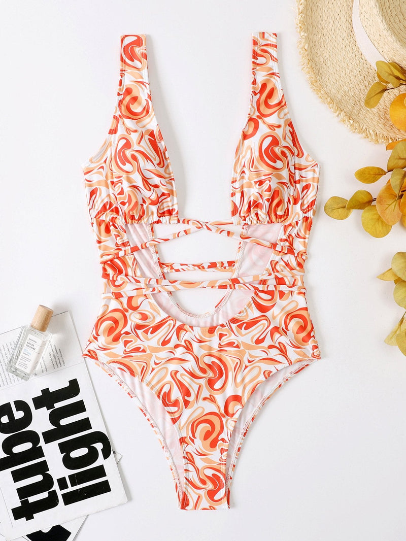 Maillot de bain une pièce à imprimé contrasté et décolleté plongeant, ajouré et à nouer soi-même 