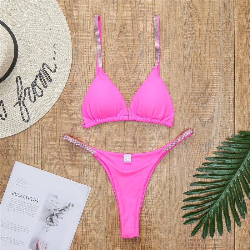Traje de baño bikini liso sin espalda con cuentas y lazo 