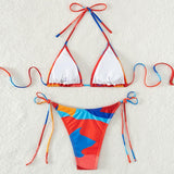 Traje de baño bikini sin espalda y con cuello halter y lazo anudado con estampado en contraste 