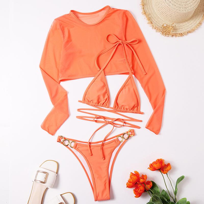 Maillot de bain 3 pièces en maille solide, rembourré, avec anneau en O et lien à nouer, croisé sur le devant 