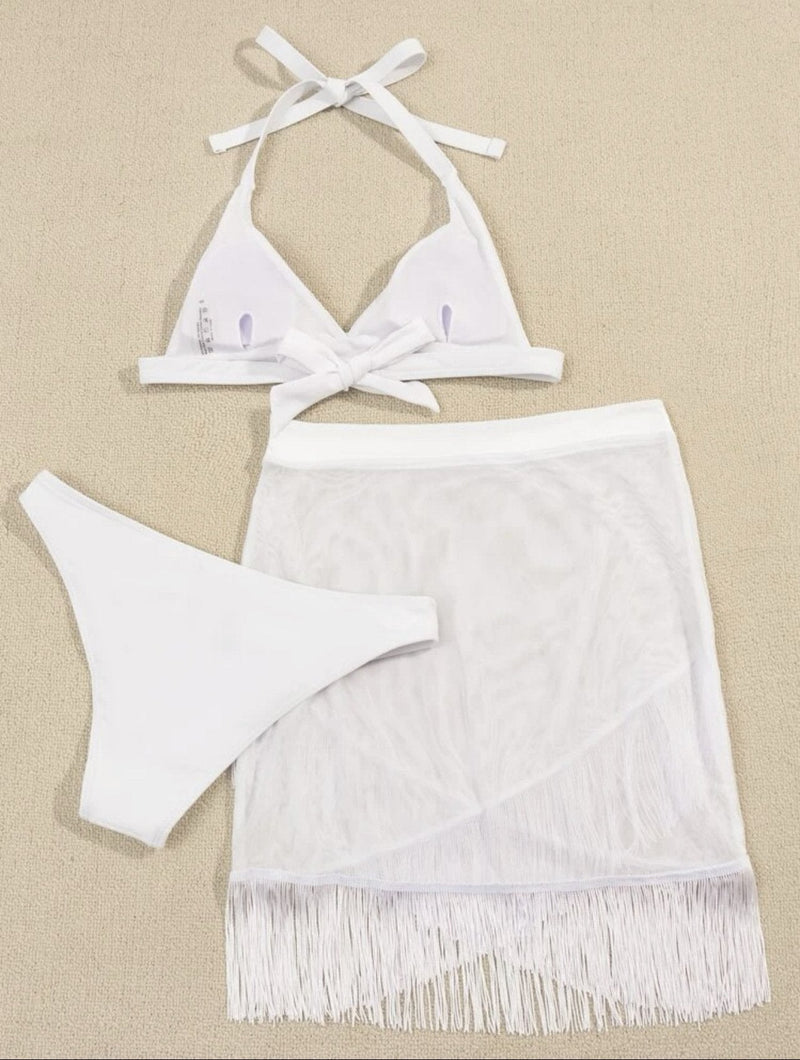 Maillot de bain 3 pièces dos nu à nouer et à pompons 