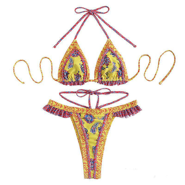 Maillot de bain bikini dos nu à imprimé froncé contrasté 