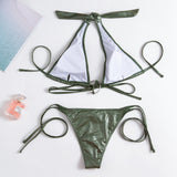 Traje de baño bikini sin espalda con aro o lazo y cuello halter metálico sólido 