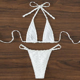 Traje de baño bikini sin espalda con lazo y cuello halter texturizado sólido 