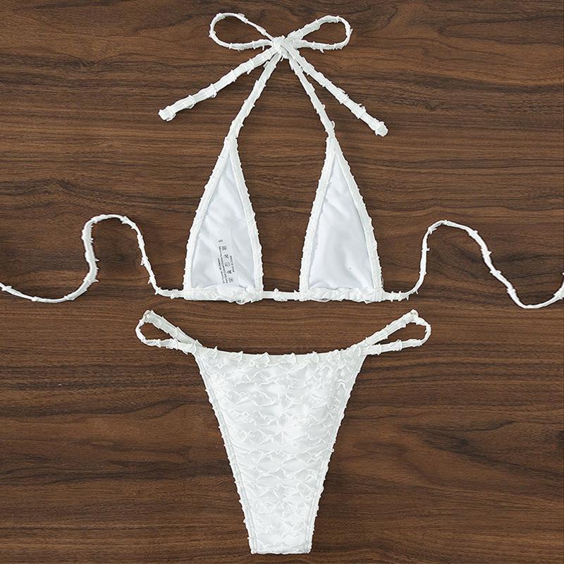 Traje de baño bikini sin espalda con lazo y cuello halter texturizado sólido 