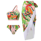 Traje de baño bikini de contraste sin espalda con estampado de hojas de un solo hombro 