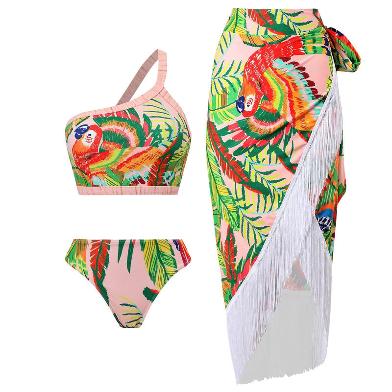 Traje de baño bikini de contraste sin espalda con estampado de hojas de un solo hombro 