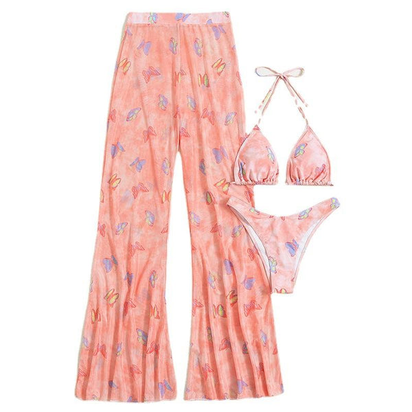 Maillot de bain 3 pièces à motif papillon en maille avec pantalon licou froncé 