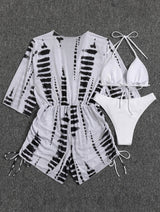 Maillot de bain 3 pièces à manches longues et col licou en maille avec cordon de serrage 