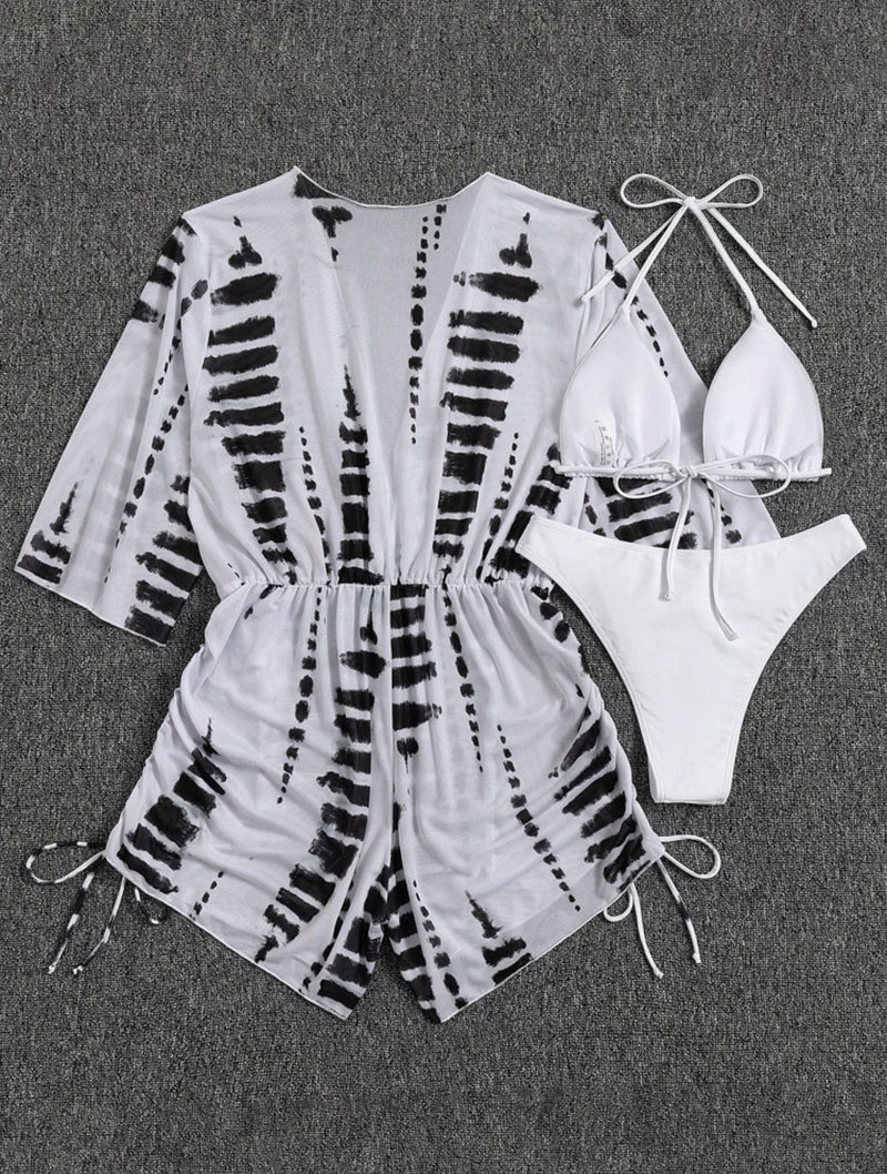Maillot de bain 3 pièces à manches longues et col licou en maille avec cordon de serrage 