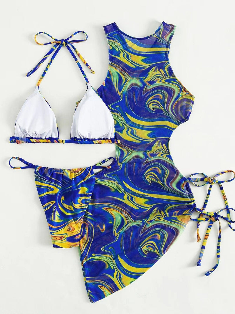 Traje de baño de 3 piezas con cuello halter, ahuecado, de malla con estampado en contraste y lazo 