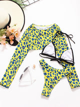 Maillot de bain 3 pièces à imprimé léopard, manches longues et dos nu contrasté 