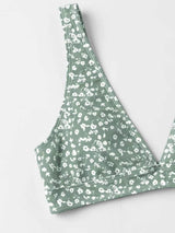 Traje de baño bikini sin mangas con cuello en V y estampado de flores 