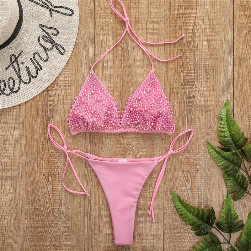 Traje de baño bikini con cuello halter de perlas, sin espalda, liso, con lazo 