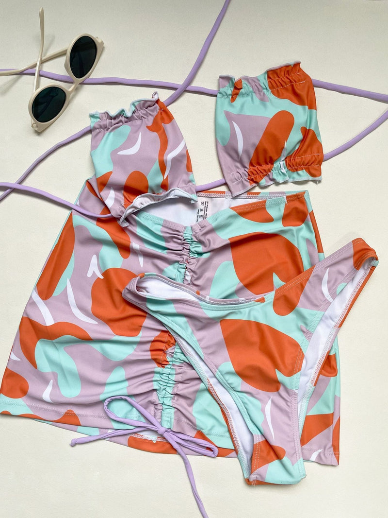 Traje de baño de 3 piezas con espalda descubierta, acolchado, estampado en contraste y cordón ajustable 