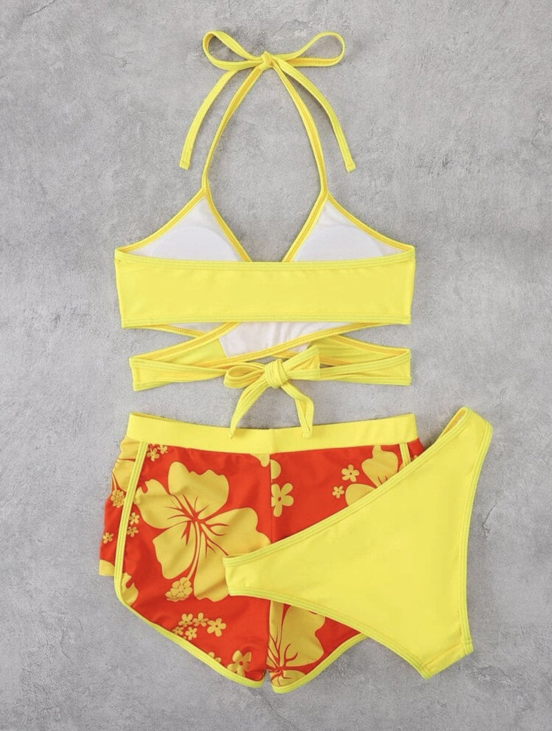 Maillot de bain 3 pièces à licou contrasté, croisé sur le devant, ajouré, à nouer soi-même 