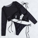 Maillot de bain 3 pièces uni à manches longues et col licou en maille 