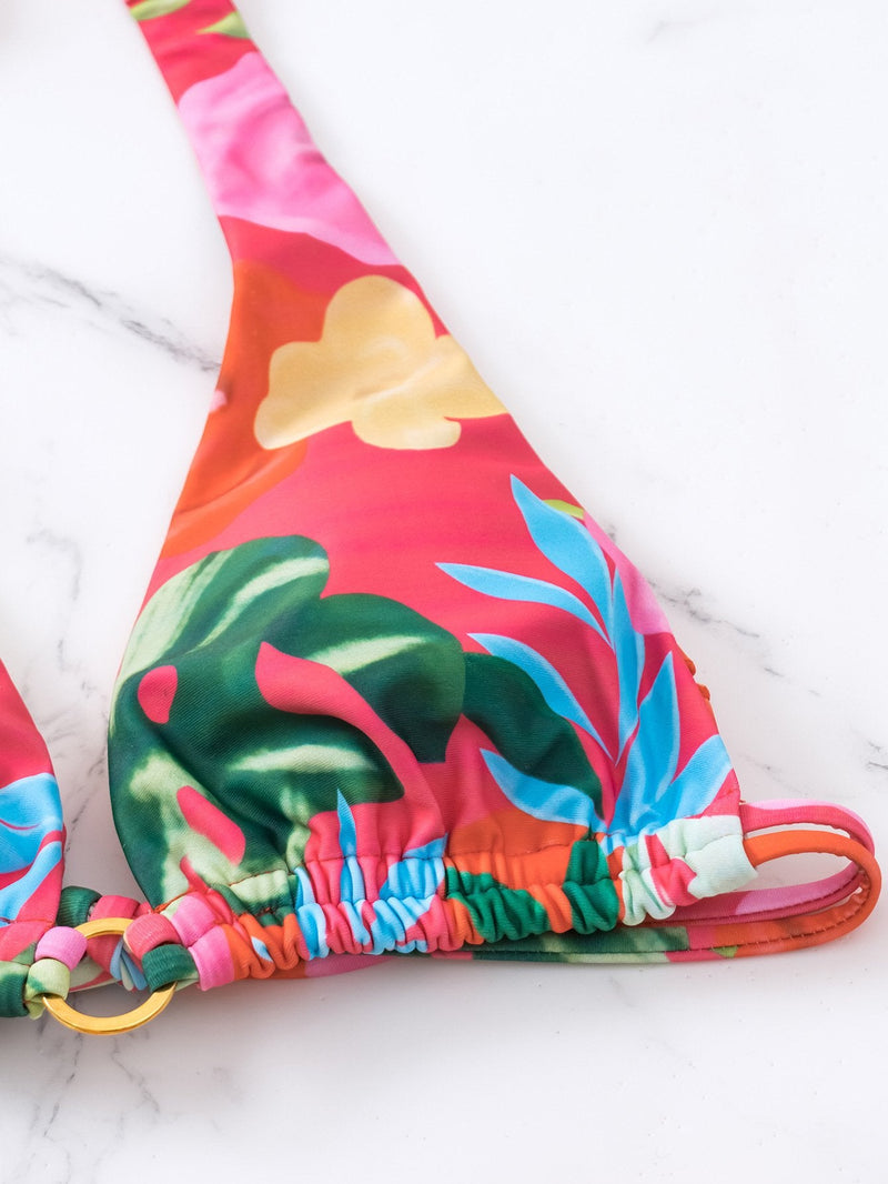 Traje de baño de 3 piezas con espalda descubierta, cuello halter, cordón ajustable y estampado floral 