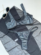 Traje de baño de 3 piezas con estampado de piel de serpiente, sin mangas, con lazo y aberturas 