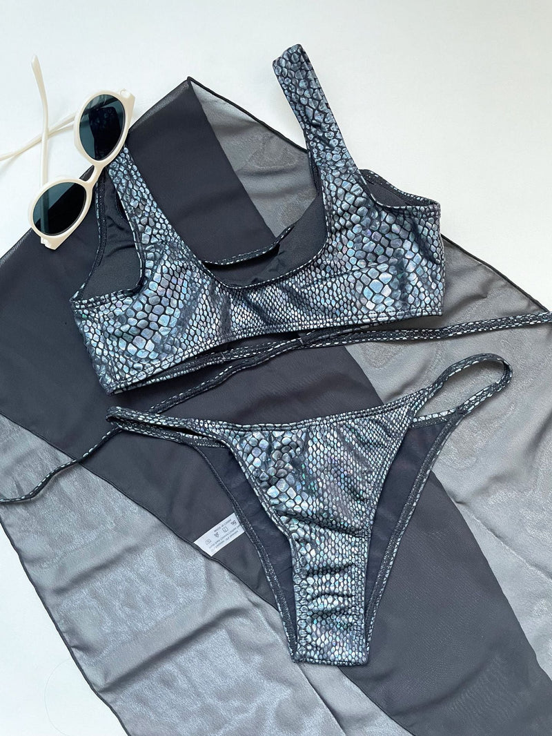 Traje de baño de 3 piezas con estampado de piel de serpiente, sin mangas, con lazo y aberturas 